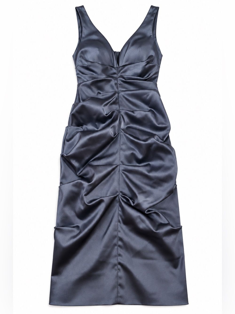 Xscape by Joanna Chen Size 6 Blue Gray Satin Ruched Midi Dress Made in USA